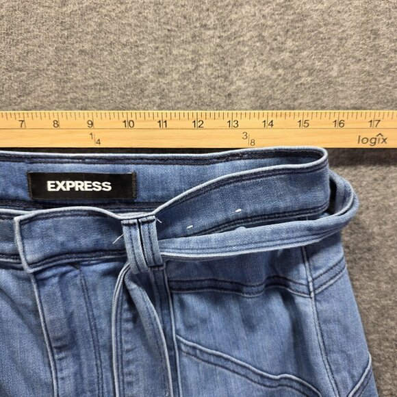 Express Jeans Womens 8 Long Light Blue Bell Flare Super High Rise Belted Denim - Picture 7 of 10